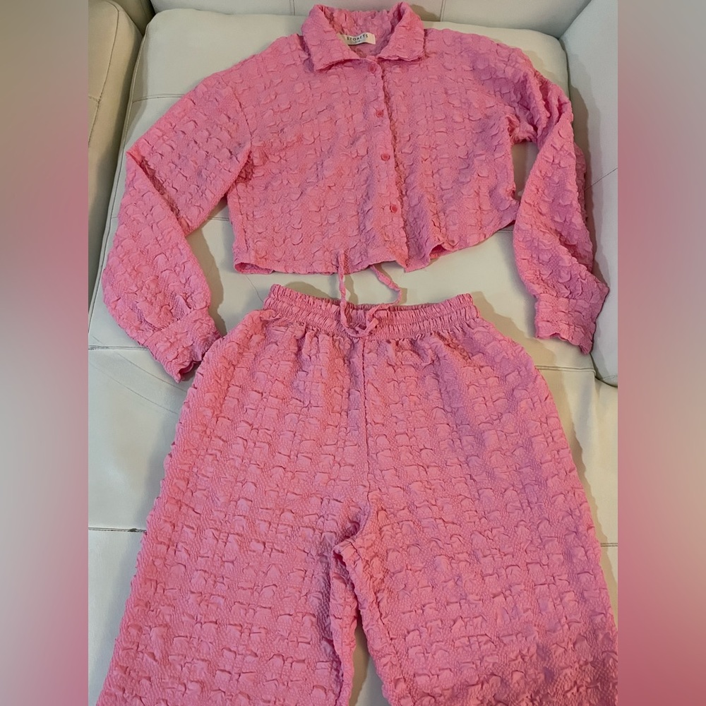 Storets pink textured crinkle matching coord set crop top & wide leg pants small